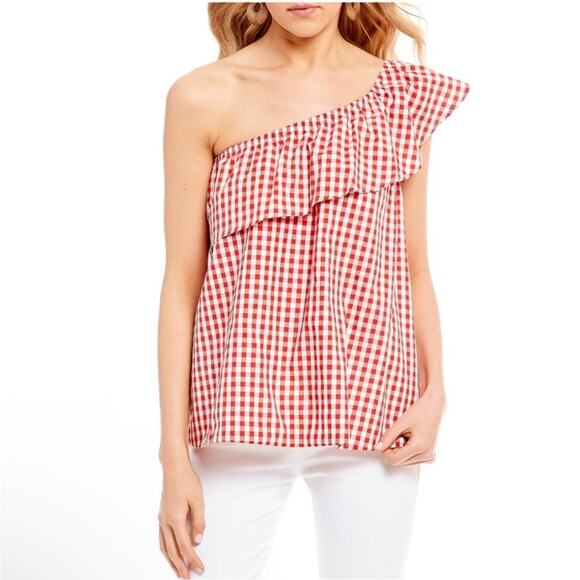 New England Classic Coastal Preppy Red Gingham Top One Shoulder Top Nantucket M - Picture 1 of 12